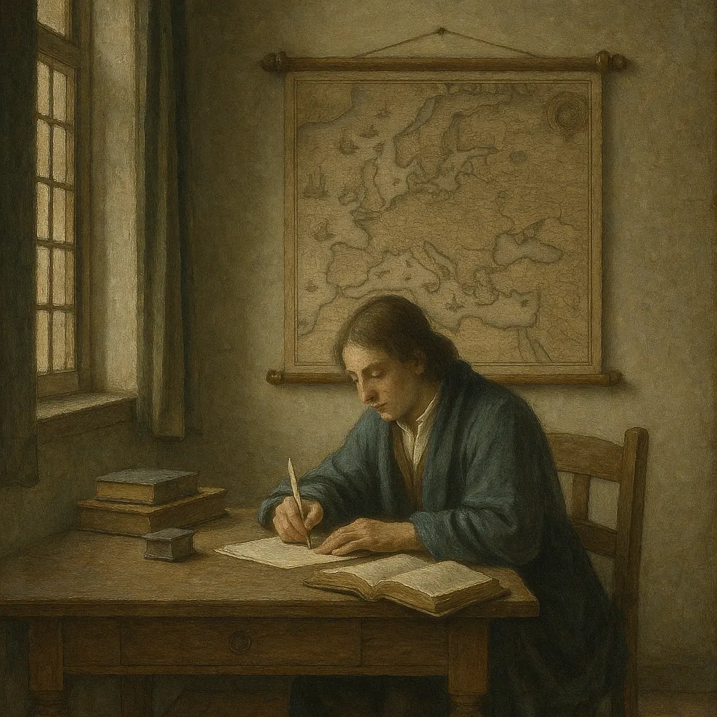Discover a puzzle with a quiet, vintage study scene: a lone figure in a blue robe writes by soft window light beneath an old map on the wall.