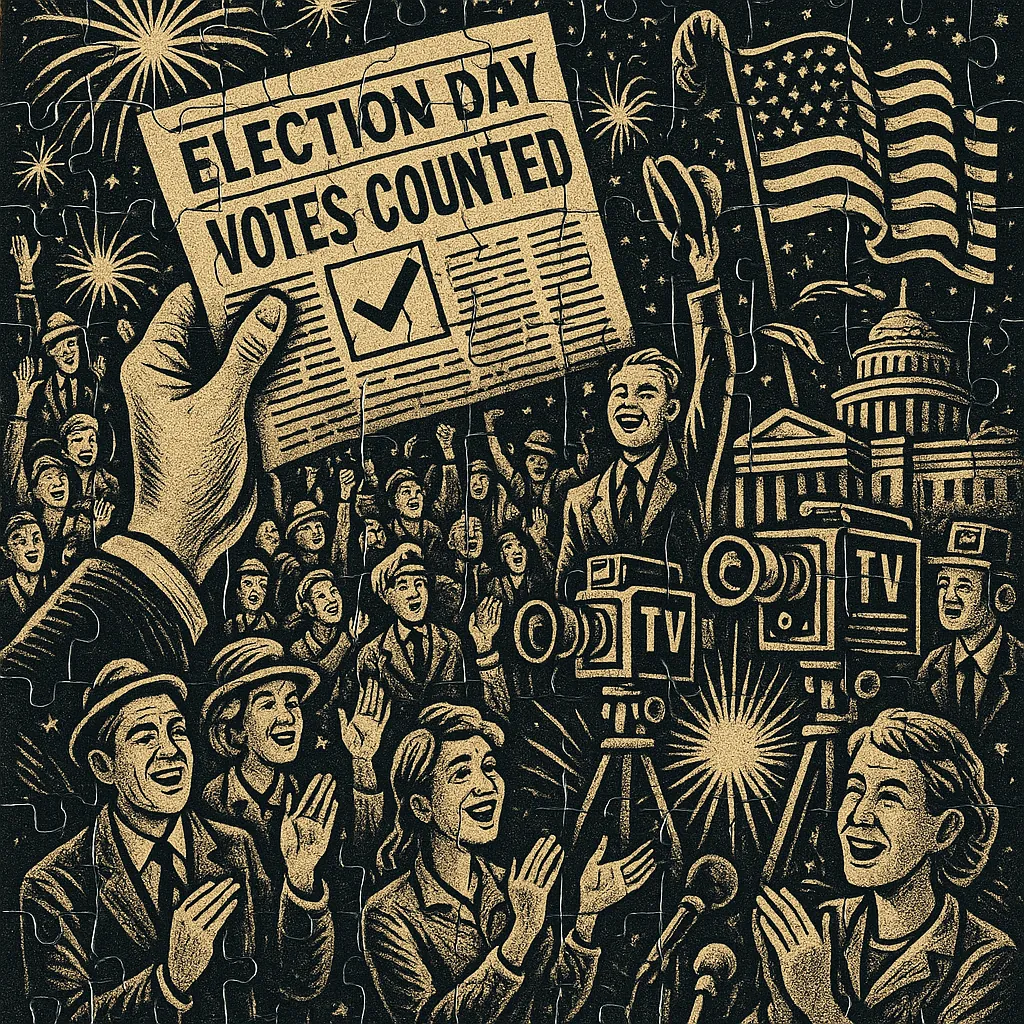 Discover a puzzle with a vintage-style election scene rendered in warm gold and deep black: a jubilant crowd, waving flags, TV cameras, the Capitol dome, and a