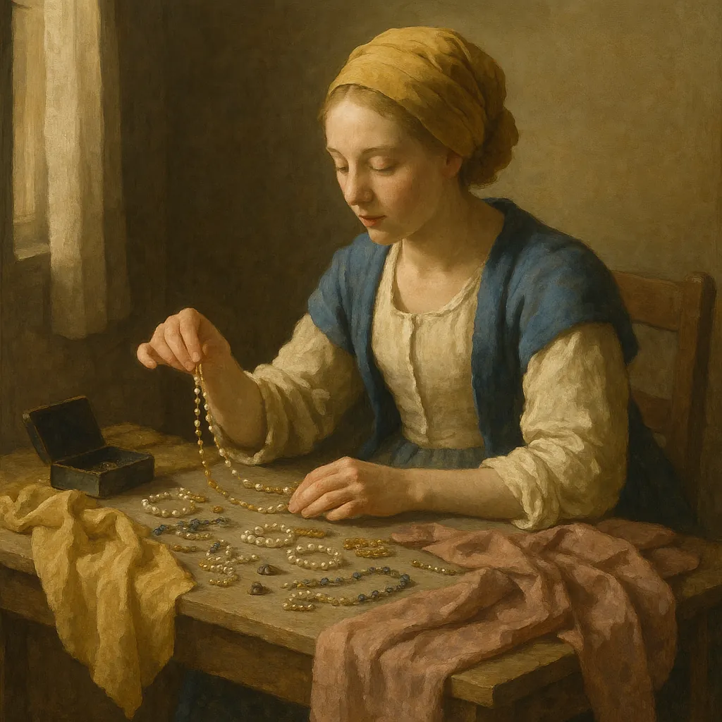 Discover a puzzle with a quiet scene of a young woman gently arranging pearl necklaces on a wooden table by soft window light.