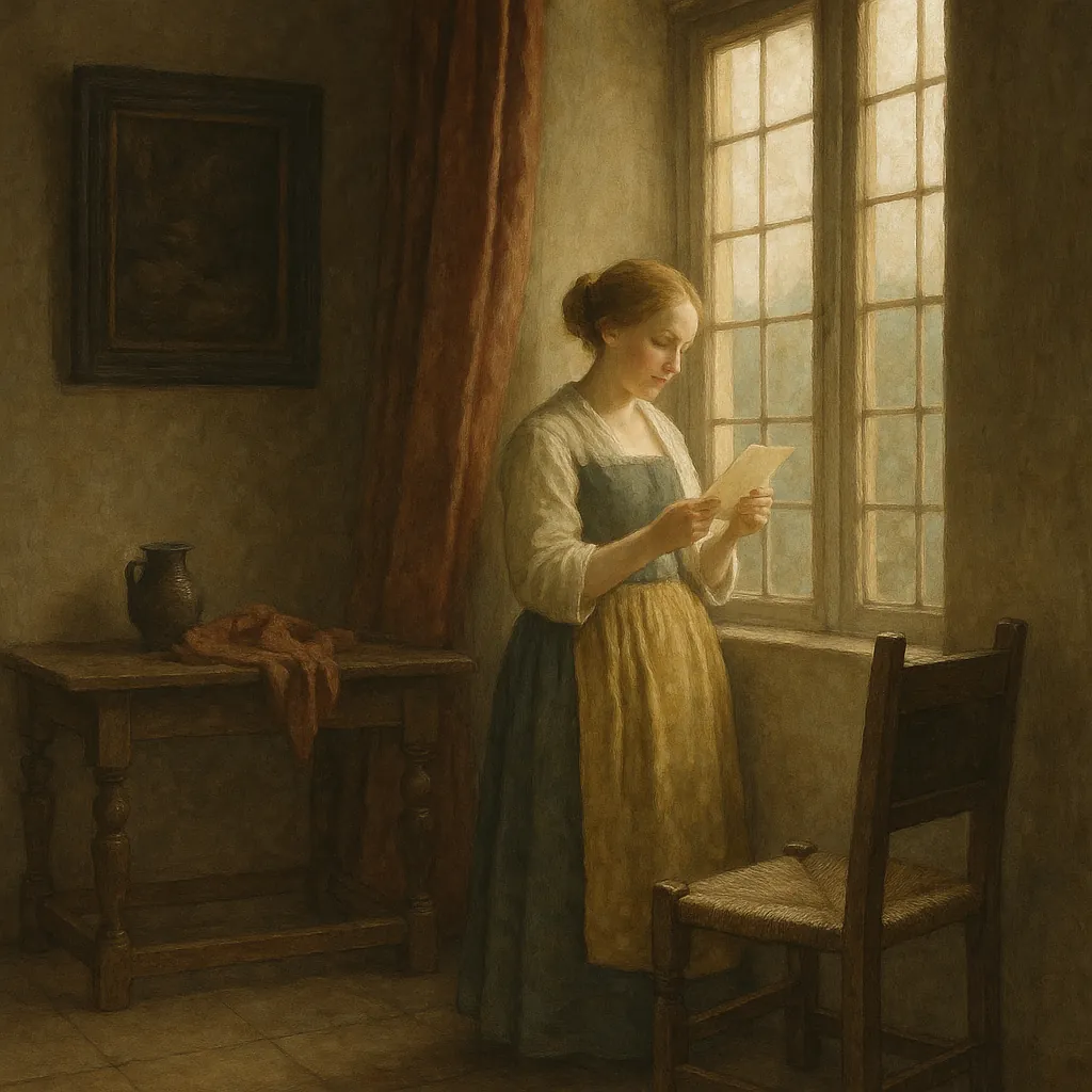 Discover a puzzle with a young woman standing by a tall, mullioned window, quietly reading a letter as soft, golden daylight fills a simple, rustic room.