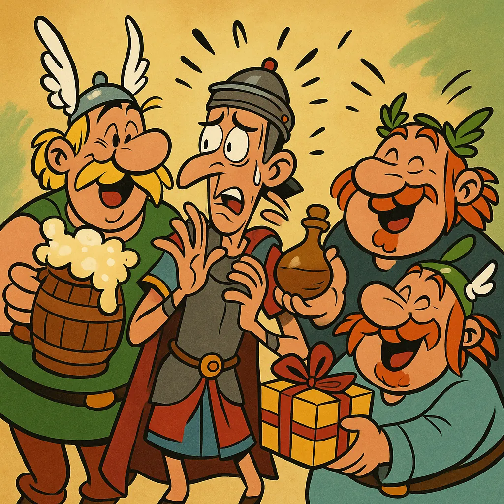 Discover a puzzle with a lively vintage cartoon scene showing a nervous, wide-eyed soldier surrounded by three cheerful, bearded companions offering a frothy wo