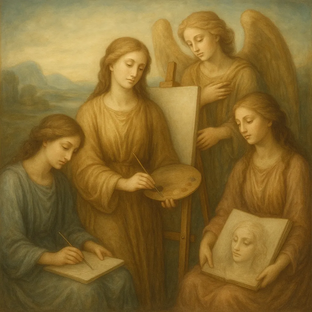 Discover a puzzle with four serene, angelic figures gathered around an easel and sketchbooks, captured in a soft, classical composition.