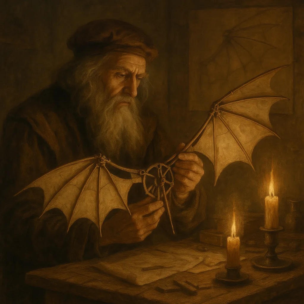 Discover a puzzle featuring an old inventor at a candlelit workbench carefully examining a delicate, bat-like flying contraption.