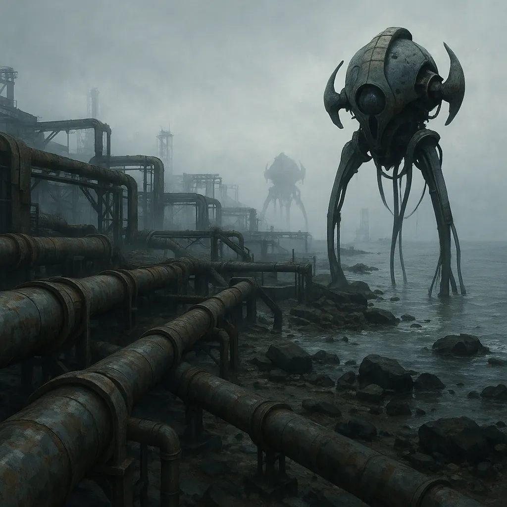 Discover a puzzle with a foggy, post-apocalyptic shoreline where rusted industrial pipes weave along a rocky coast.