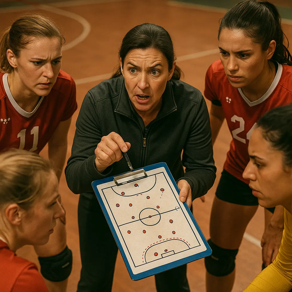 Discover a puzzle with an intense team huddle on a warm gym court, where a focused coach points to a clipboard diagram while players in red and yellow jerseys l