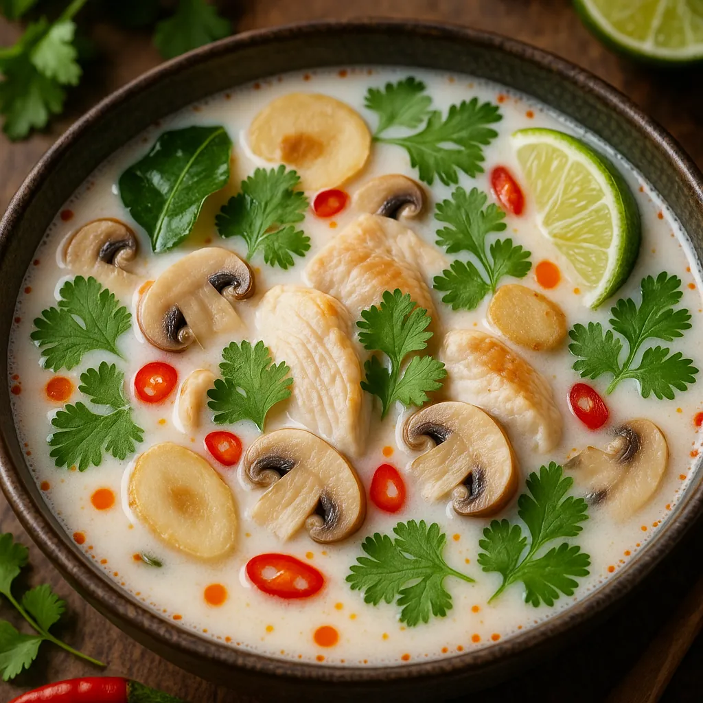 Enjoy assembling a puzzle depicting a steaming bowl of creamy Thai-style coconut soup studded with tender chicken pieces, sliced mushrooms, bright green cilantr