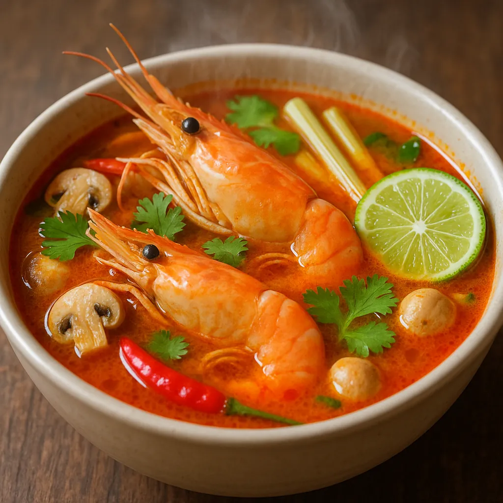 Enjoy assembling a puzzle depicting a steaming bowl of vibrant shrimp soup — bright orange-red broth, two whole prawns, lime half, mushrooms, lemongrass, chili