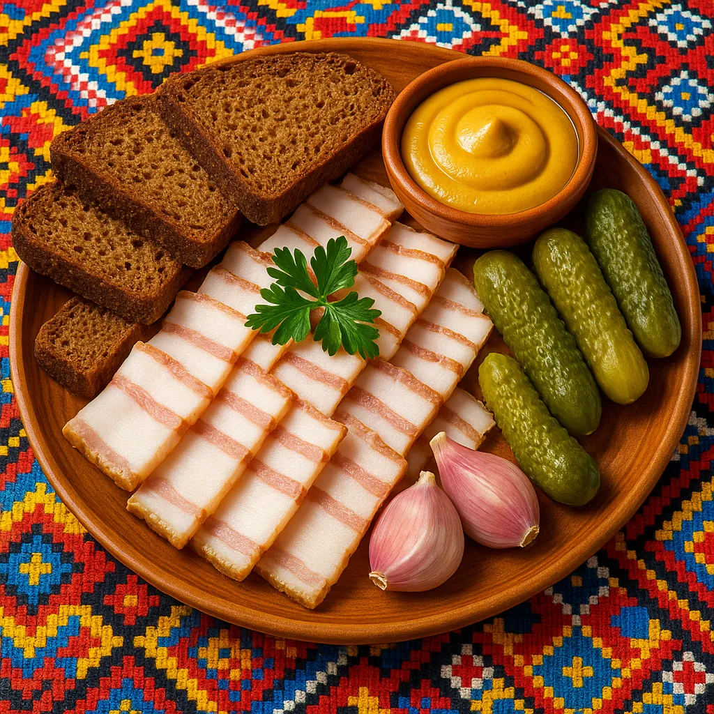 Discover a puzzle with a rustic food platter featuring neatly sliced cured fatback with pink streaks, dark rye bread, crisp pickles, whole garlic cloves, and a