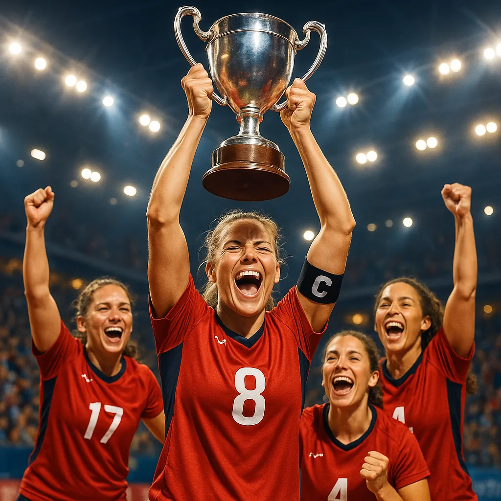 Discover a puzzle with a victorious women's sports team lifting a gleaming championship trophy high above their heads beneath bright stadium lights.