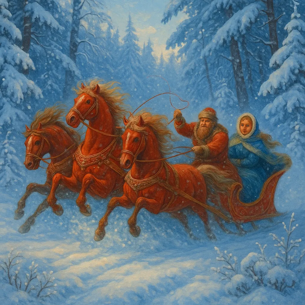 Discover a puzzle with a lively winter scene: three russet horses pulling a red sleigh through a snow-laden pine forest, driven by a bearded coachman with a war