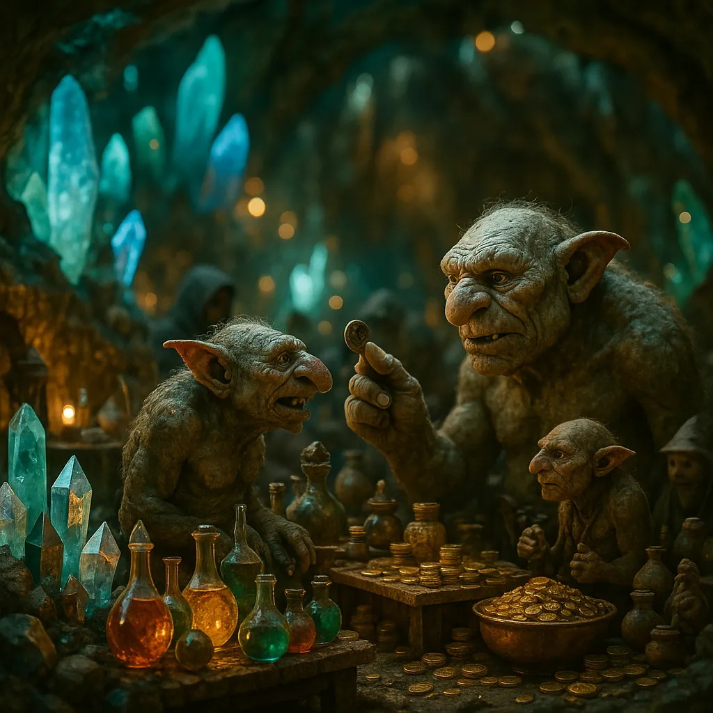 Enjoy assembling a puzzle depicting a cozy underground market where goblin-like traders haggle over coins and curious glass vials amid glowing teal crystals.
