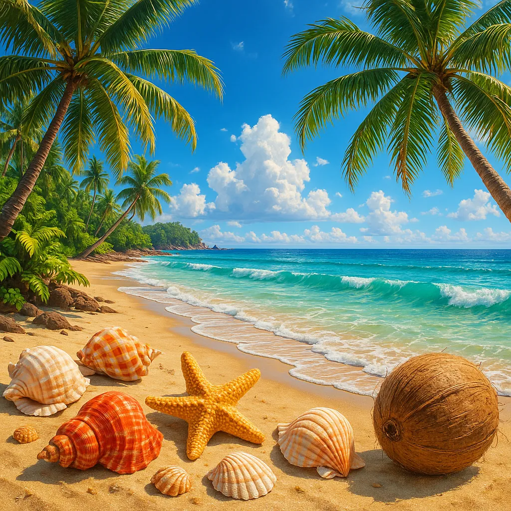 Discover a puzzle with a sunlit tropical beach scene featuring swaying green palm trees framing a turquoise sea, gentle waves lapping golden sand, and a foregro