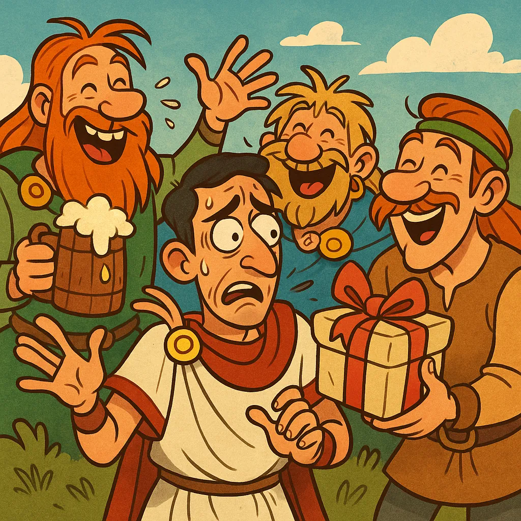 Enjoy assembling a puzzle depicting a cheerful, cartoon village scene where a worried toga-clad man sweats nervously while three merry, bearded townsfolk laugh