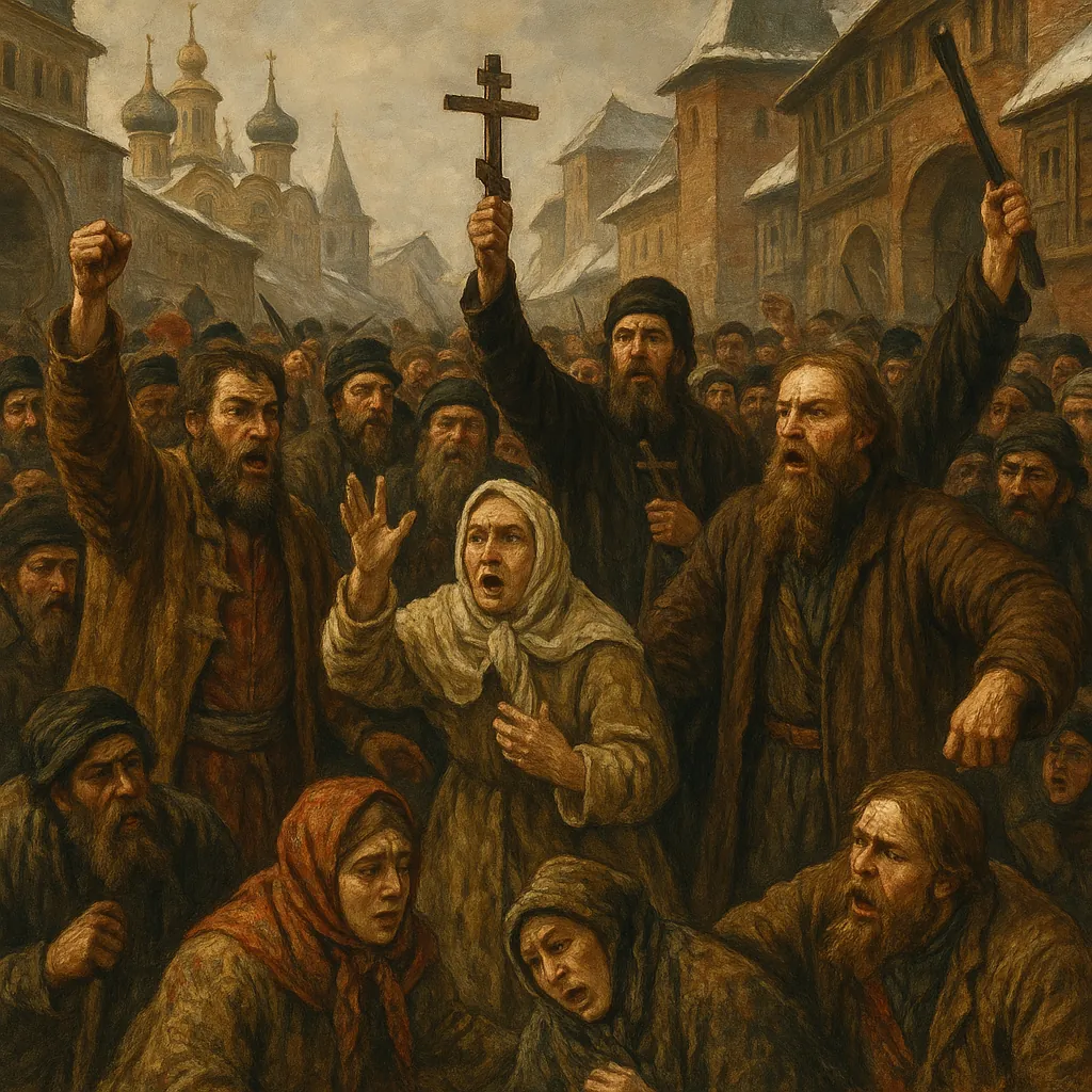 Discover a puzzle with a dramatic historical street scene filled with a crowd of fervent figures, raised fists, and a central man holding a cross aloft against