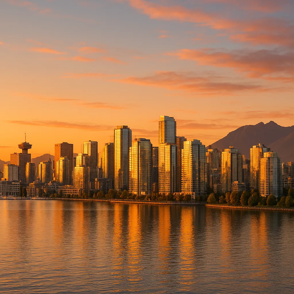 Discover a puzzle with a golden city skyline at sunset, where glass high-rises glow in warm oranges and yellows and mirror their colors across a calm waterfront