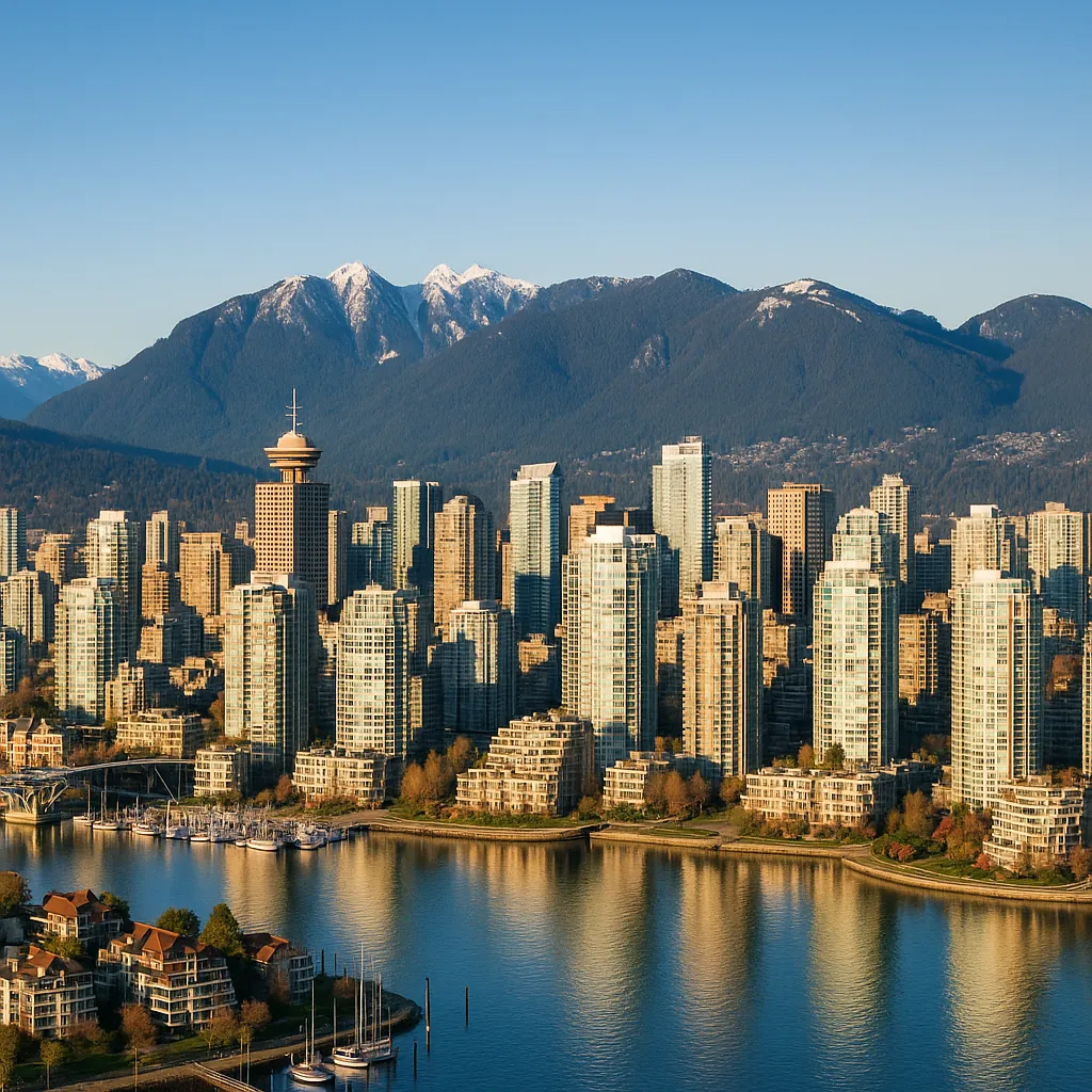 Discover a puzzle with a sunlit city skyline framed by a calm waterfront and snow-capped mountains rising in the background.