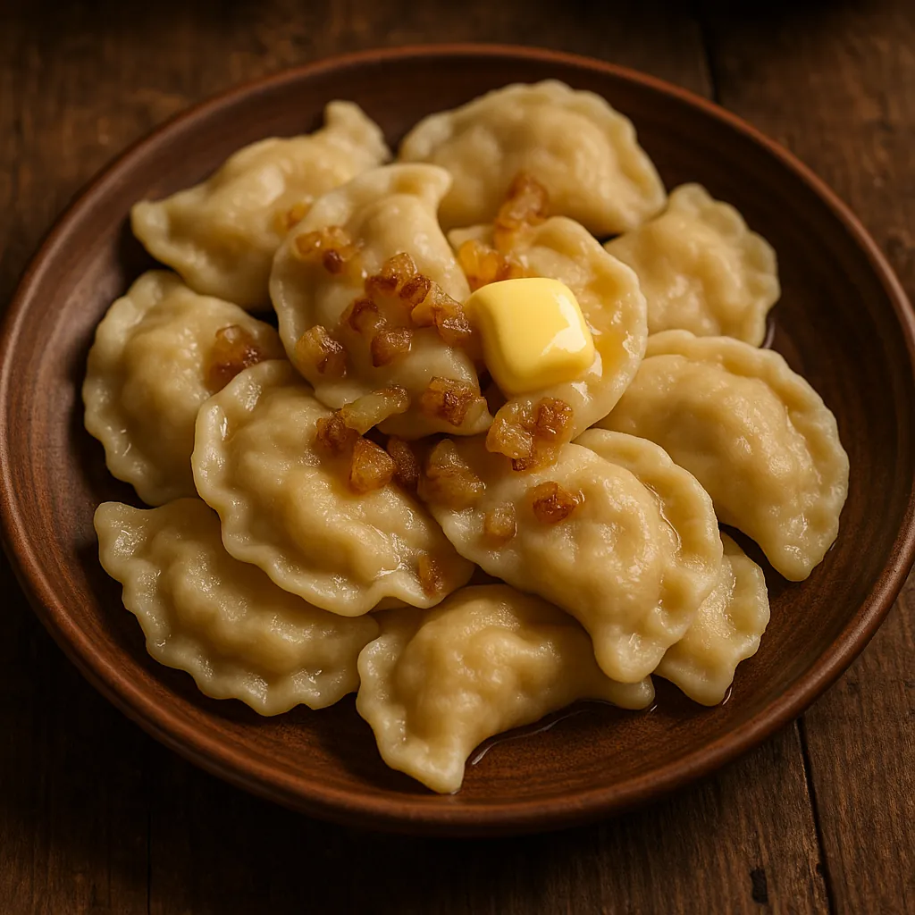 Discover a puzzle with a close-up of golden pierogi piled on a rustic wooden plate, topped with a melting pat of butter and caramelized onions.