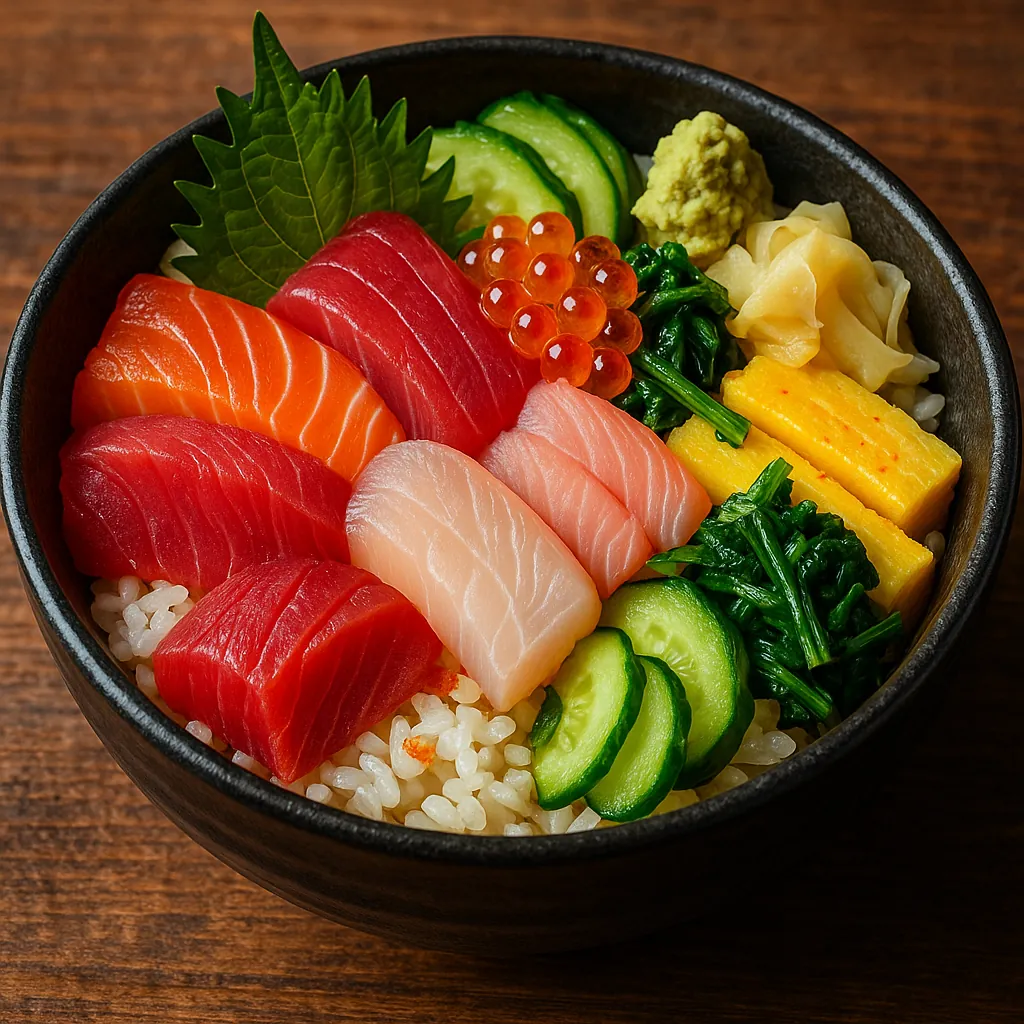 Discover a puzzle with a vibrant chirashi bowl topped with glossy slices of salmon, tuna, and white fish, glistening ikura (salmon roe), bright yellow tamago, c