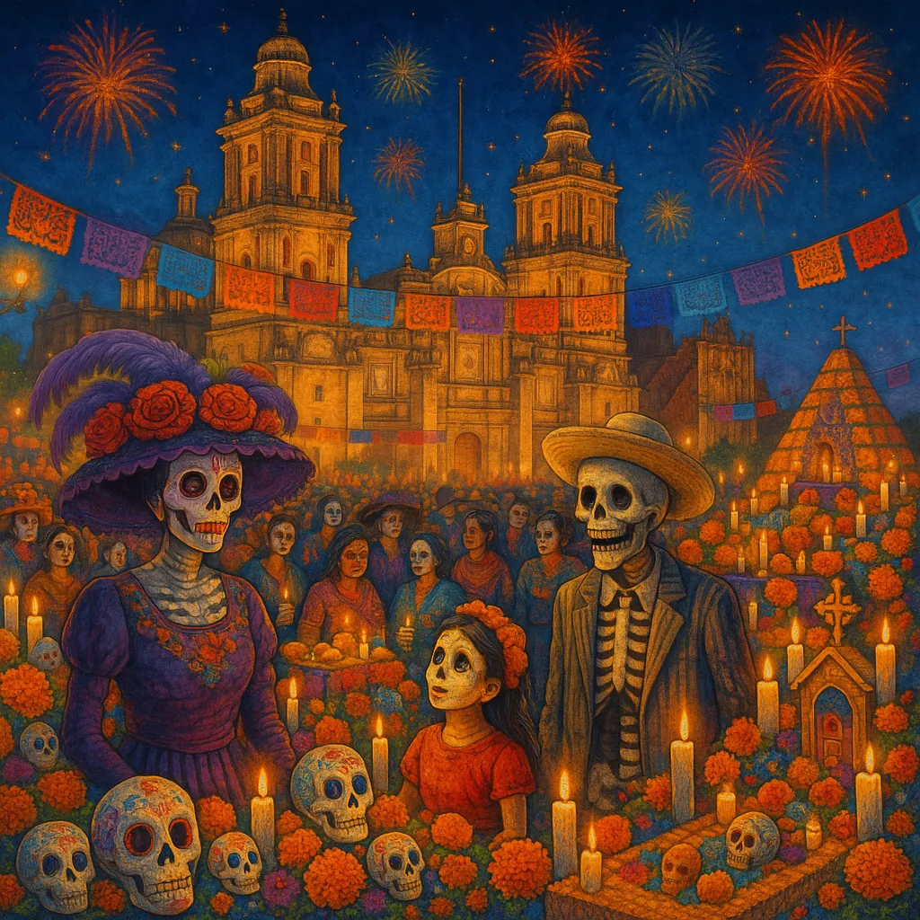 Discover a puzzle with a vibrant depiction of a lively Day of the Dead celebration.