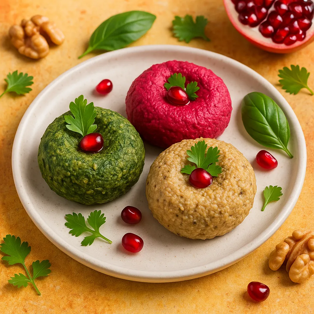 Enjoy assembling a puzzle depicting a close-up plate of three colorful hummus mounds — vibrant green, deep beet-red, and golden beige — each topped with a gloss