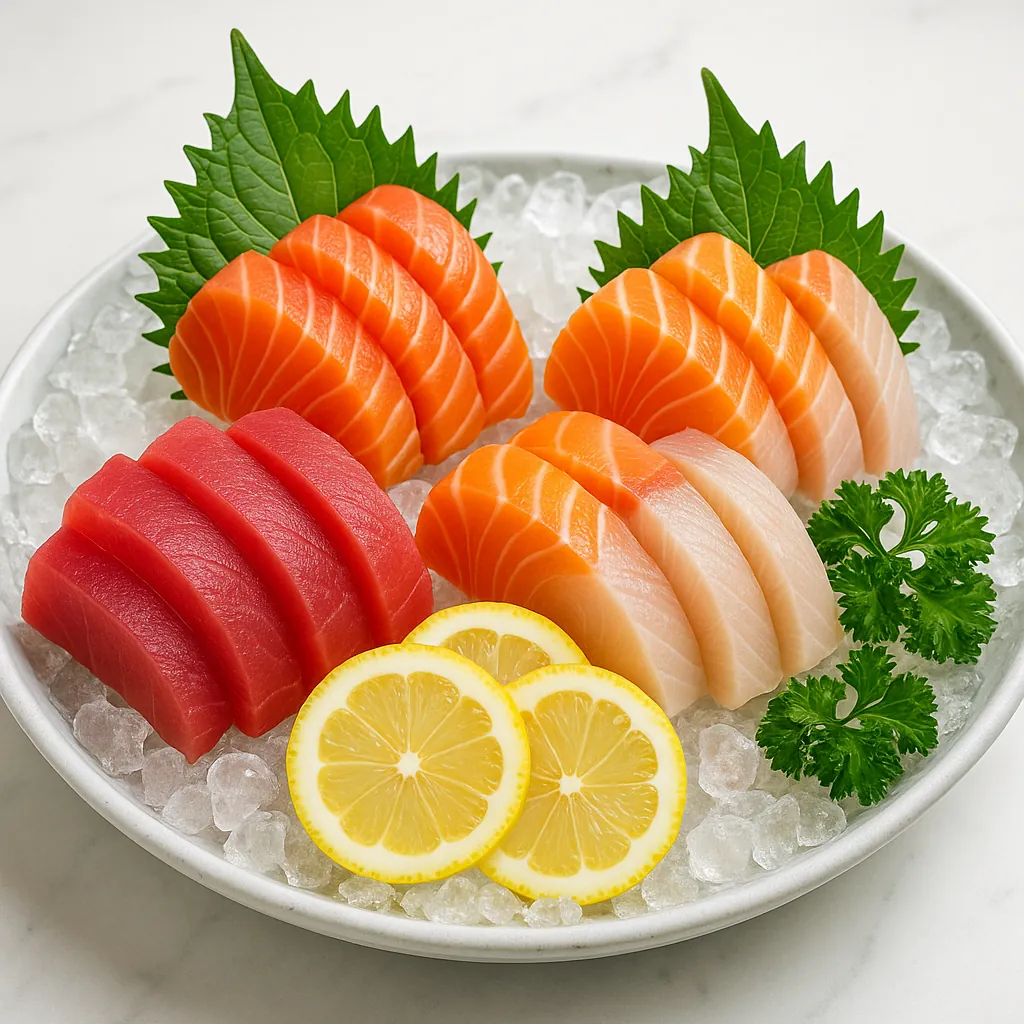 Discover a puzzle with a beautiful sashimi platter arranged on crushed ice — vivid slices of deep-red tuna, bright orange salmon, and pale white fish set agains