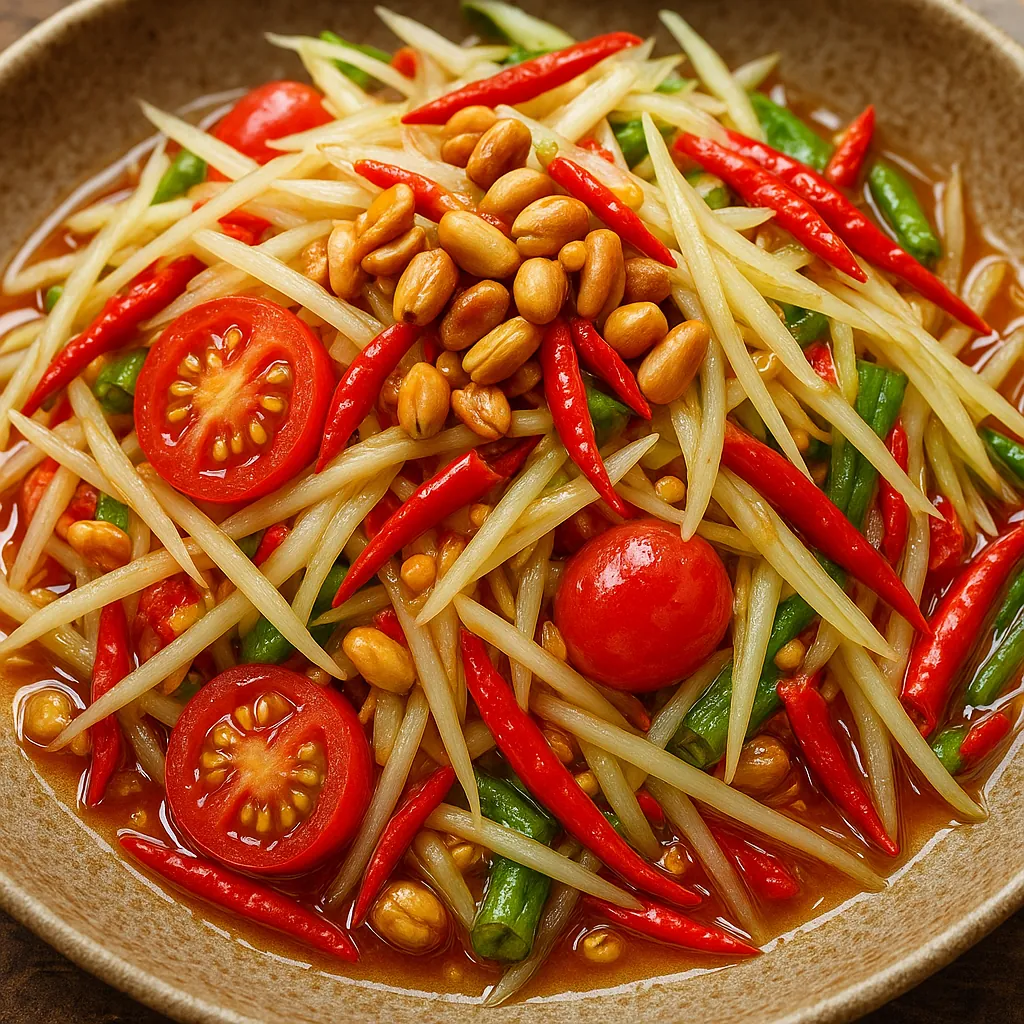 Discover a puzzle with a vibrant close-up of a spicy salad bowl featuring bright red chilies and cherry tomatoes, crunchy golden peanuts, pale shredded vegetabl