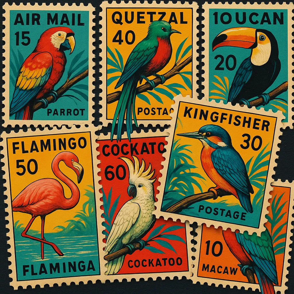 Discover a puzzle with a charming, vintage-style collage of colorful bird postage stamps featuring a parrot, quetzal, toucan, flamingo, cockatoo, kingfisher, an