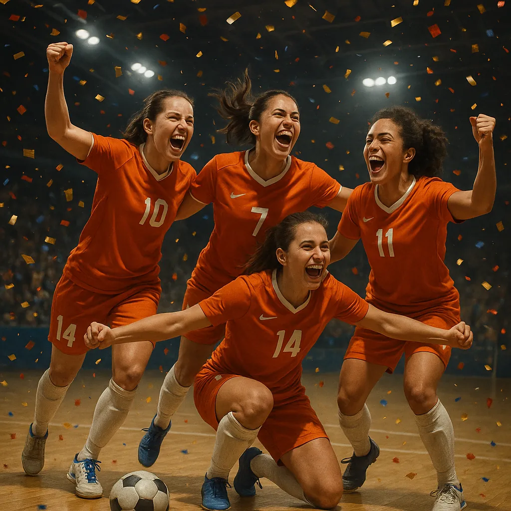 Discover a puzzle with four jubilant soccer players in bright orange uniforms celebrating on an indoor court, confetti falling around them under warm stadium li