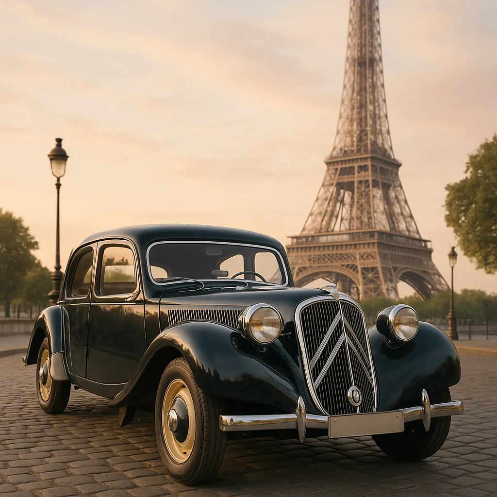 Enjoy assembling a puzzle depicting a glossy vintage car parked on cobblestones with the Eiffel Tower rising softly in the background.
