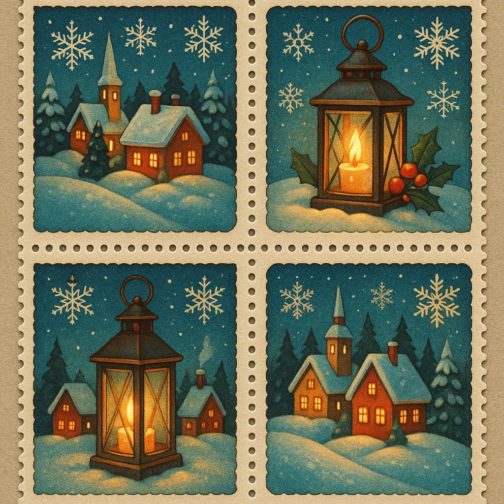 Enjoy assembling a puzzle depicting four cozy, vintage stamp-style winter scenes: glowing lanterns and candles, snow-dusted cottages and a little church tucked