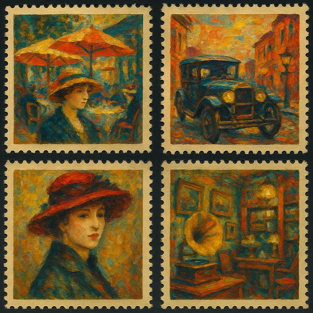 Discover a puzzle with four vintage, stamp-framed impressionist scenes that invite quiet exploration.