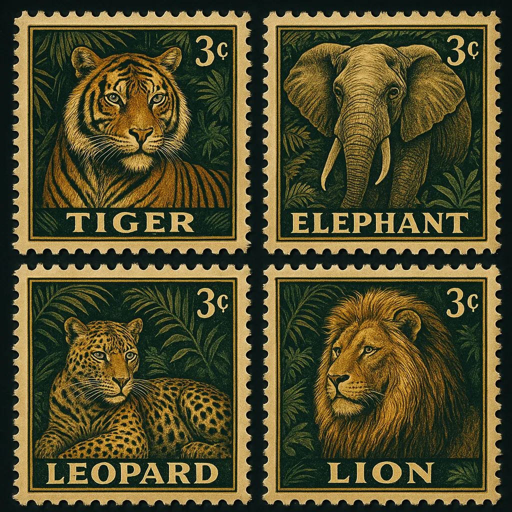 Discover a puzzle with four vintage-style postage stamps featuring a tiger, elephant, leopard, and lion framed in rich gold and deep forest green.