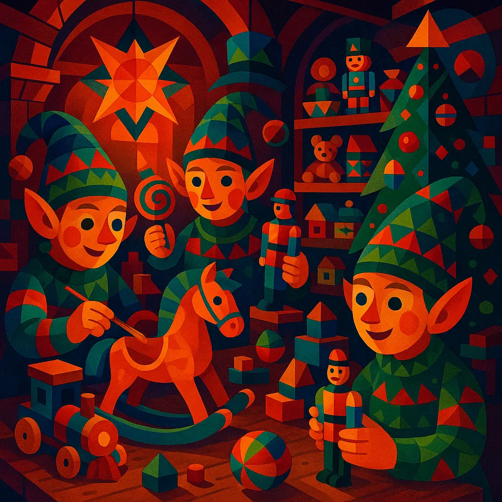 This image features a vibrant and detailed scene of elves in a cozy workshop, crafting toys amidst a magical, warm light.