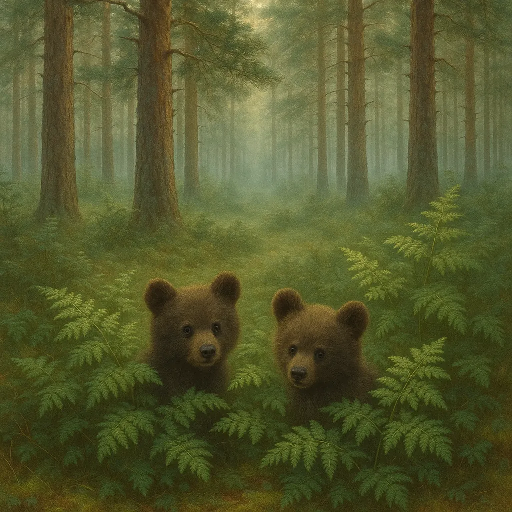 Discover a puzzle with two curious bear cubs peeking from a carpet of ferns in a misty pine forest.