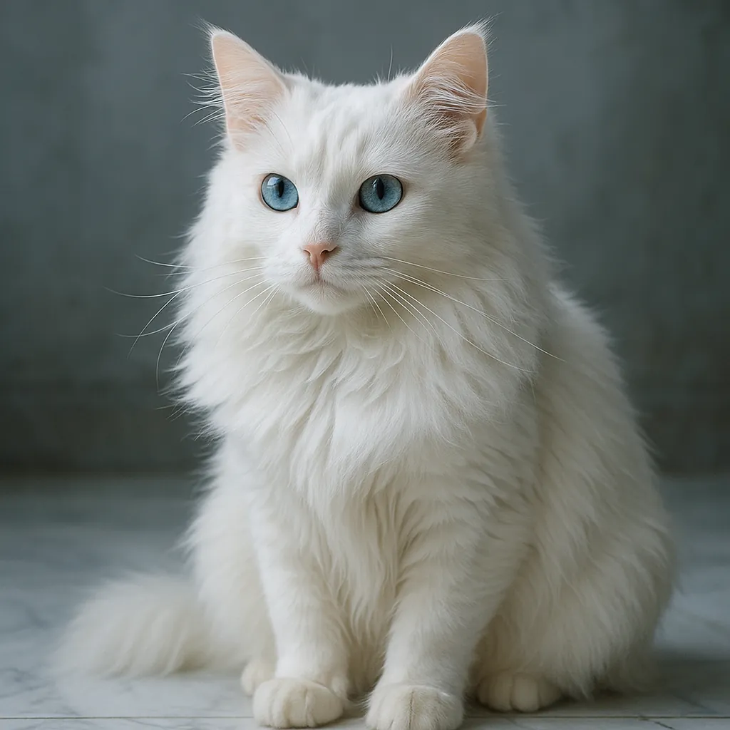 Discover a puzzle with a fluffy white cat sitting gracefully against a soft gray background, its pure snow-colored fur and striking pale blue eyes creating a lo