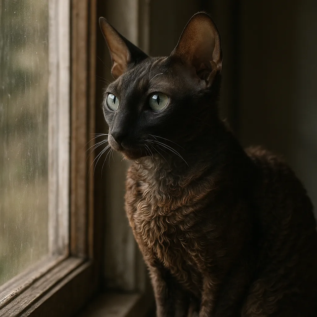 Discover a puzzle with a graceful brown cat gazing out a window, its curly fur and bright green eyes caught in soft, natural light.