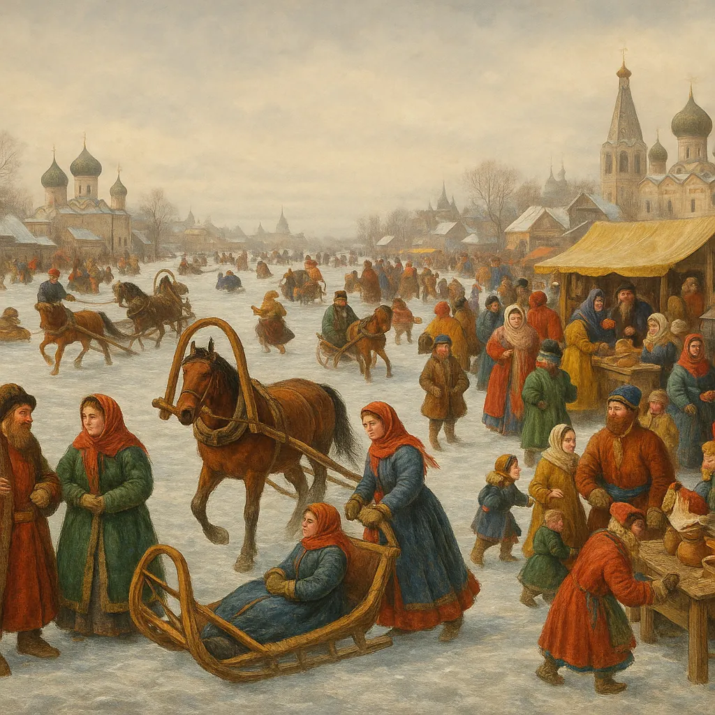 Enjoy assembling a puzzle depicting a lively winter village scene on a frozen river, where townspeople in warm coats and colorful headscarves glide on sleds, ch