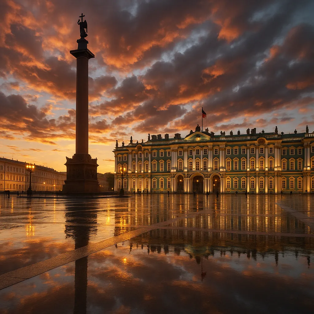 Discover a puzzle with a dramatic city square at sunset, where glowing amber and deep purple clouds frame a grand, columned palace and a towering monument.
