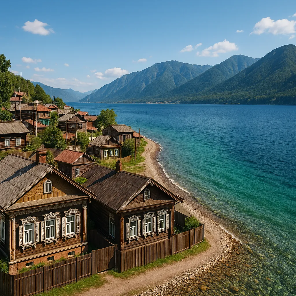 Discover a puzzle with a tranquil lakeside village of carved wooden houses lining a pebbled shore.