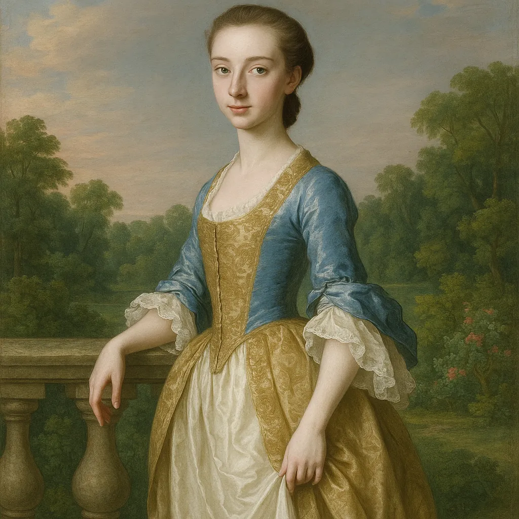 Enjoy assembling a puzzle depicting a graceful classic portrait of a young woman in a blue and golden gown set against a soft, leafy garden at dusk.