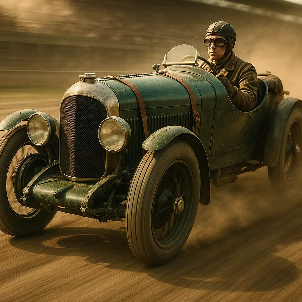 Discover a puzzle with a vintage racing car tearing across a dusty track, featuring a classic green body, weathered metal highlights, and warm sepia light that