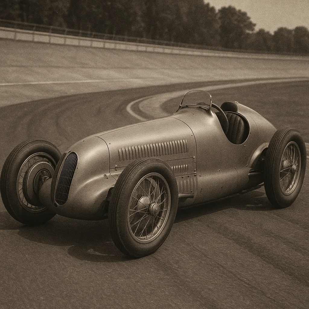 Discover a puzzle with a sleek vintage race car parked on a curved track, captured in warm sepia tones that highlight the car’s smooth metal body, spoked wheels