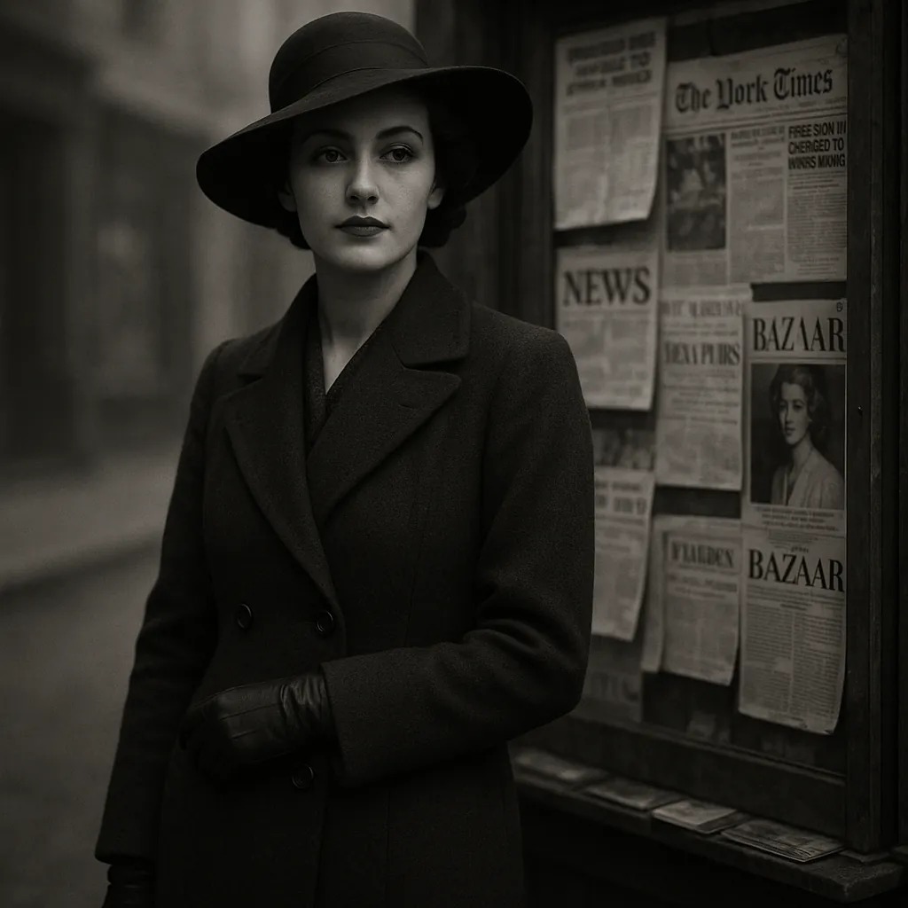 Discover a puzzle with a vintage black-and-white portrait of an elegant woman in a cloche hat and wool coat standing by a newsstand covered in period newspapers