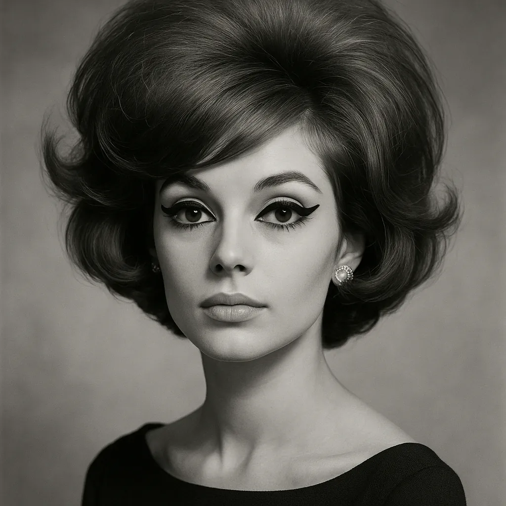 Discover a puzzle with a striking vintage portrait in soft grayscale, featuring a poised woman with dramatic winged eyeliner, voluminous 1960s-style hair, and d