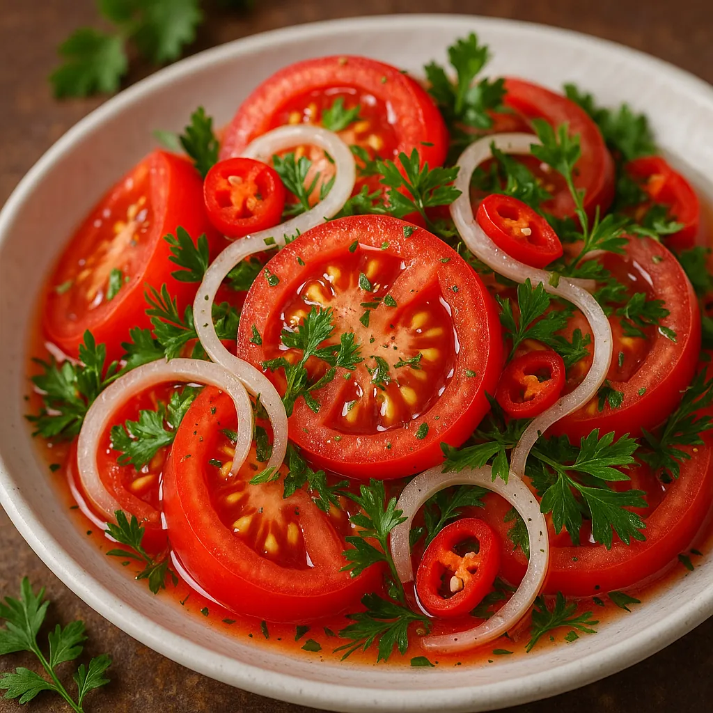 Discover a puzzle with a vibrant tomato salad arranged in a white bowl — glossy red tomato slices, crisp white onion rings, fiery red chili rounds and bright gr