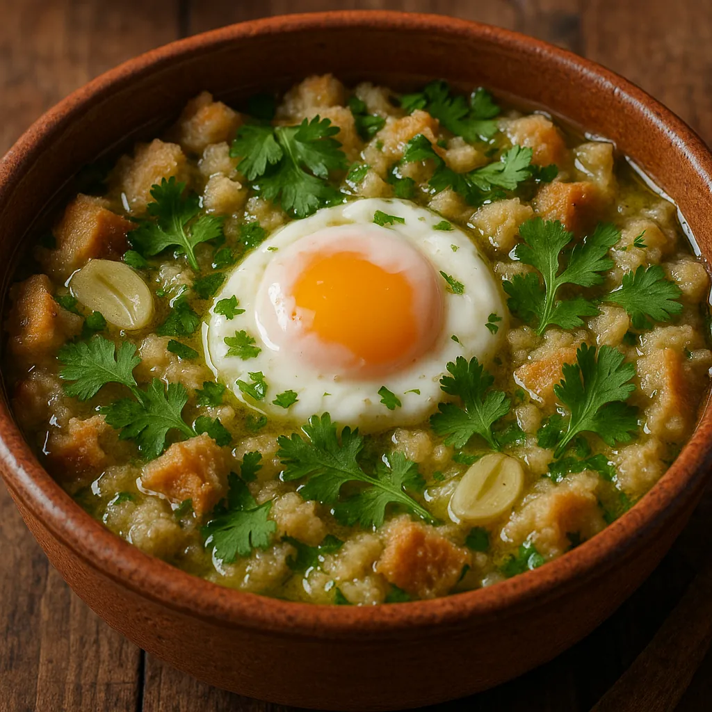Enjoy an online jigsaw puzzle designed for browser play, featuring a cozy food scene centered on a rustic bowl of savory porridge topped with a perfectly runny