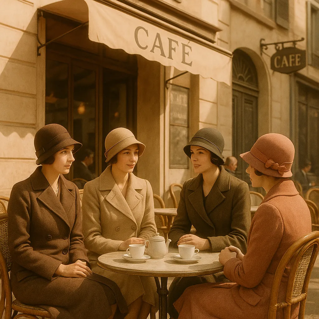 Discover a puzzle with a charming vintage café scene showing four women in 1920s cloche hats and tailored coats seated around a small round table with cups and