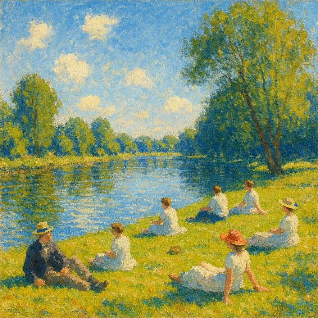 Discover a puzzle with a peaceful riverside picnic scene in soft Impressionist brushstrokes, featuring sunlit greens, sky blues, and warm touches of white and s
