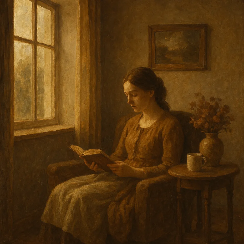 Enjoy assembling a puzzle depicting a peaceful interior scene of a young woman reading by a softly lit window.
