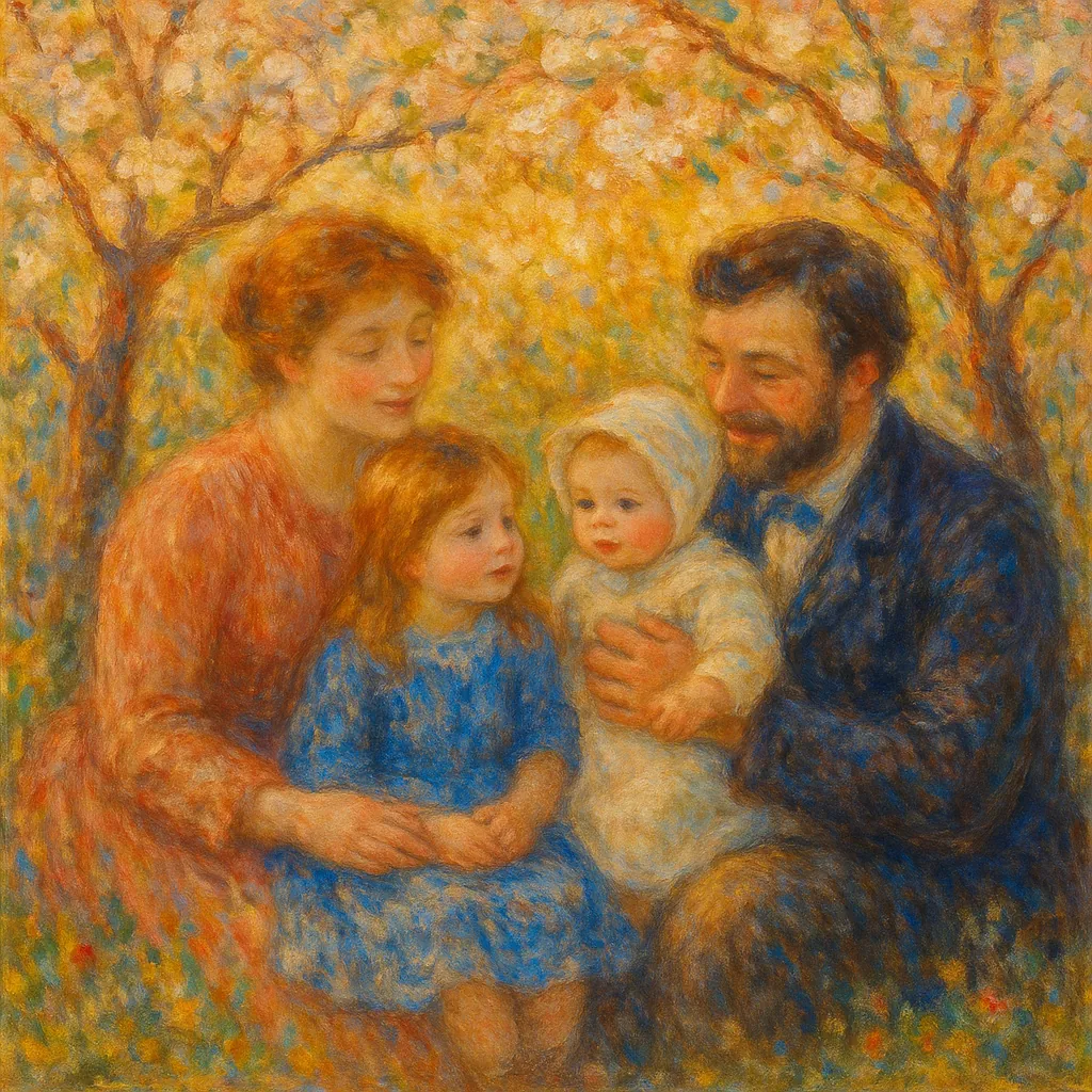 Enjoy assembling a puzzle depicting a tender family portrait in soft, impressionistic brushstrokes: a mother and father seated with two young children among gol